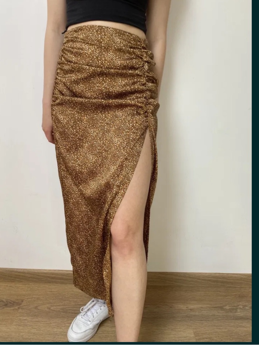 Zara Glitter Ruched Side-Slit Midi Skirt in Brown